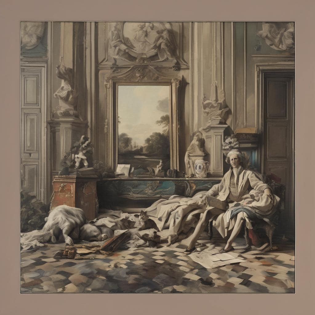 καλλιτεχνική αναπαράσταση, πολιτισμική ταυτότητα, τέχνη και έκφραση, κλασική τέχνη, ροκοκό διακόσμηση, ζωγραφικό έργο, μπαρόκ στοιχεία, ρομαντική ατμόσφαιρα, ιστορική τέχνη, διαχρονικότητα τέχνης.