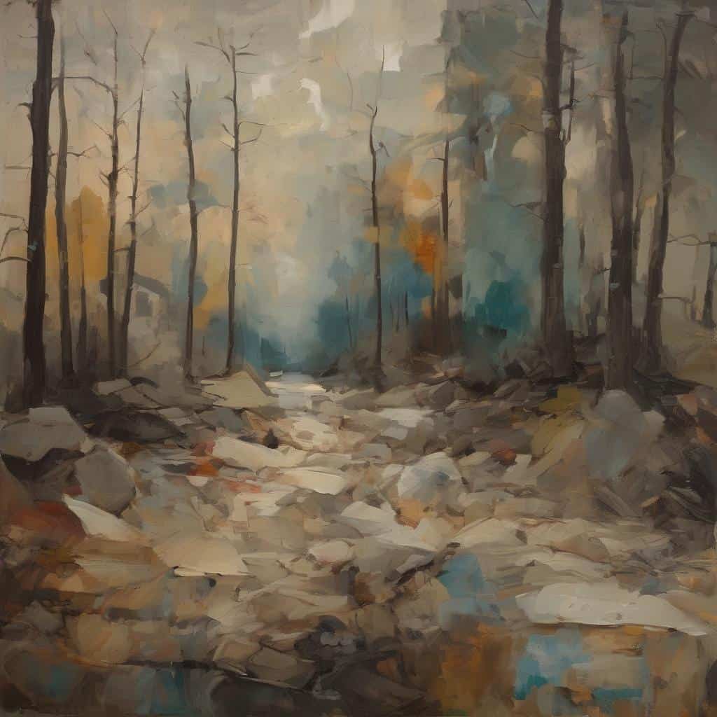 Ασκήτικο τοπίο σε δάσος με λιβάδι, έργο τέχνης που αναδεικνύει πολιτισμική ταυτότητα και καλλιτεχνική έκφραση.