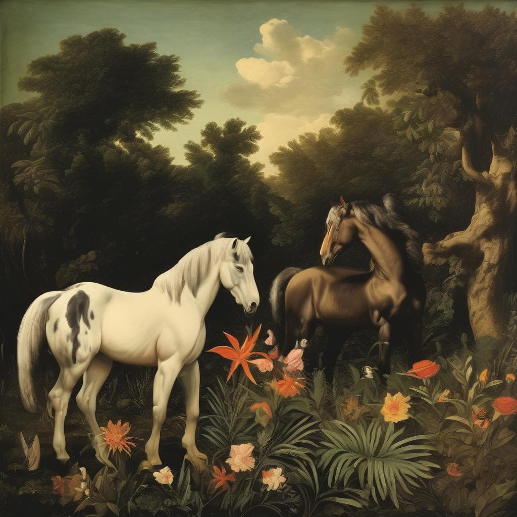 Λευκός και καφεποιός άγριος ίππος σε καταπράσινο τοπίο, αναδεικνύοντας την τέχνη ως μέσο έκφρασης πολιτισμικής ταυτότητας.