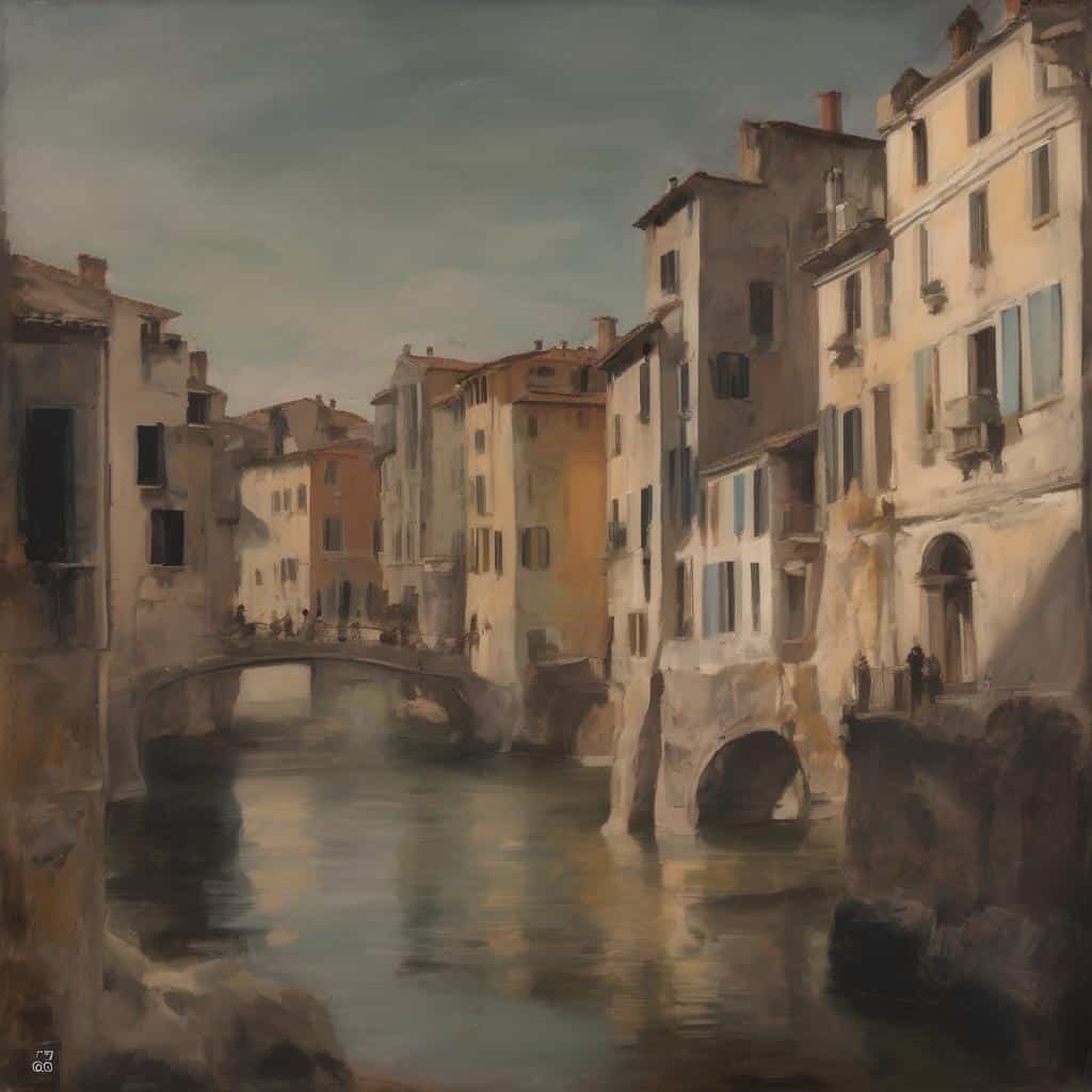 Βενετσιάνικη πόλη με πορθμούς και παλιά κτίρια, ζωγραφική άποψη της αρχιτεκτονικής και πολιτισμικής ταυτότητας.
