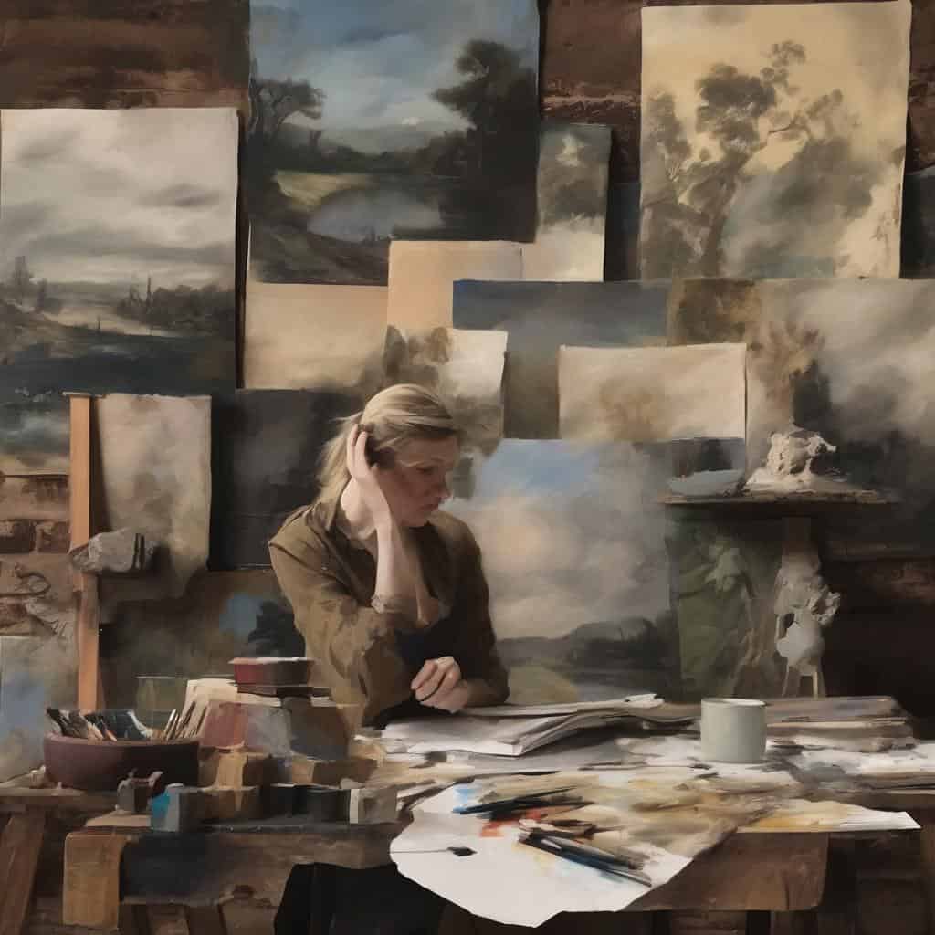 Ζωγράφος σε στούντιο με έργα τέχνης εμπνευσμένα από πολιτισμική ταυτότητα.