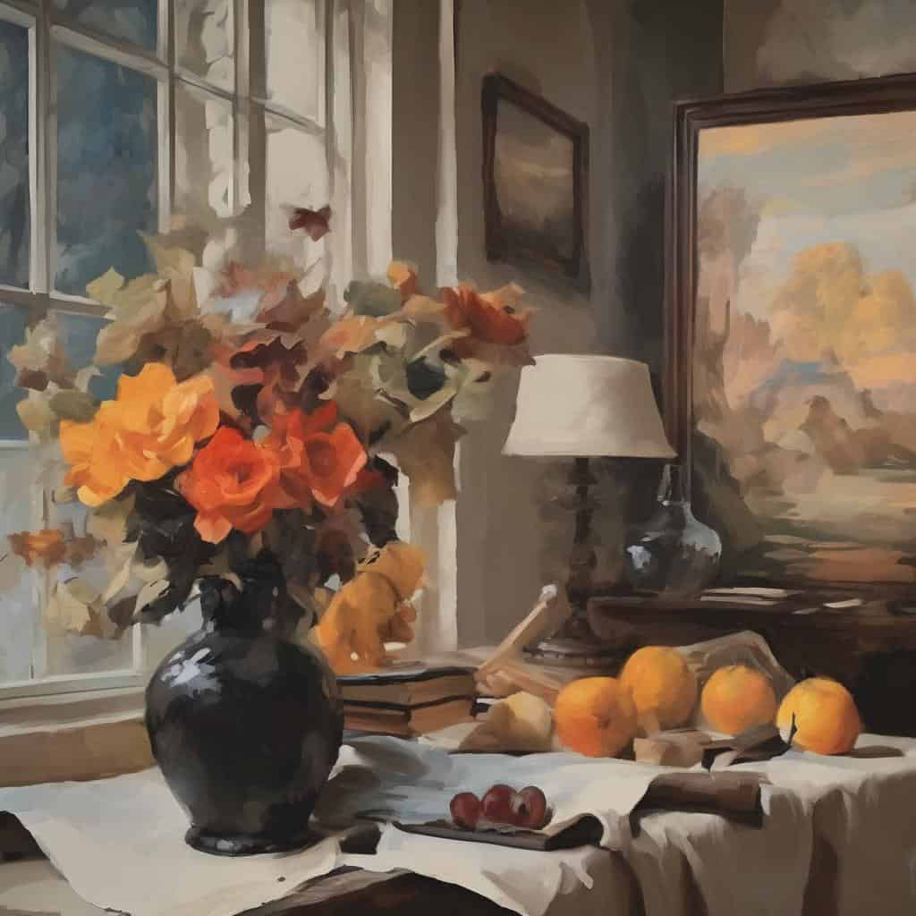 Λουλούδια σε βάζο, εσωτερικό, τέχνη, πολιτισμική ταυτότητα, όμορφα διακοσμητικά στοιχεία, πίνακες ζωγραφικής, γκαλερί τέχνης, διακόσμηση σπιτιού, αβίαστη έκφραση.