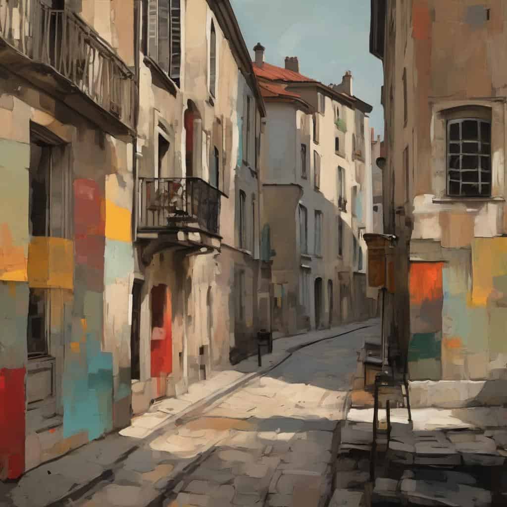 Μποέμικη γειτονιά με παραδοσιακά κτίρια και ζωηρά χρώματα, απεικονίζει την Πολιτισμική Ταυτότητα στην τέχνη.